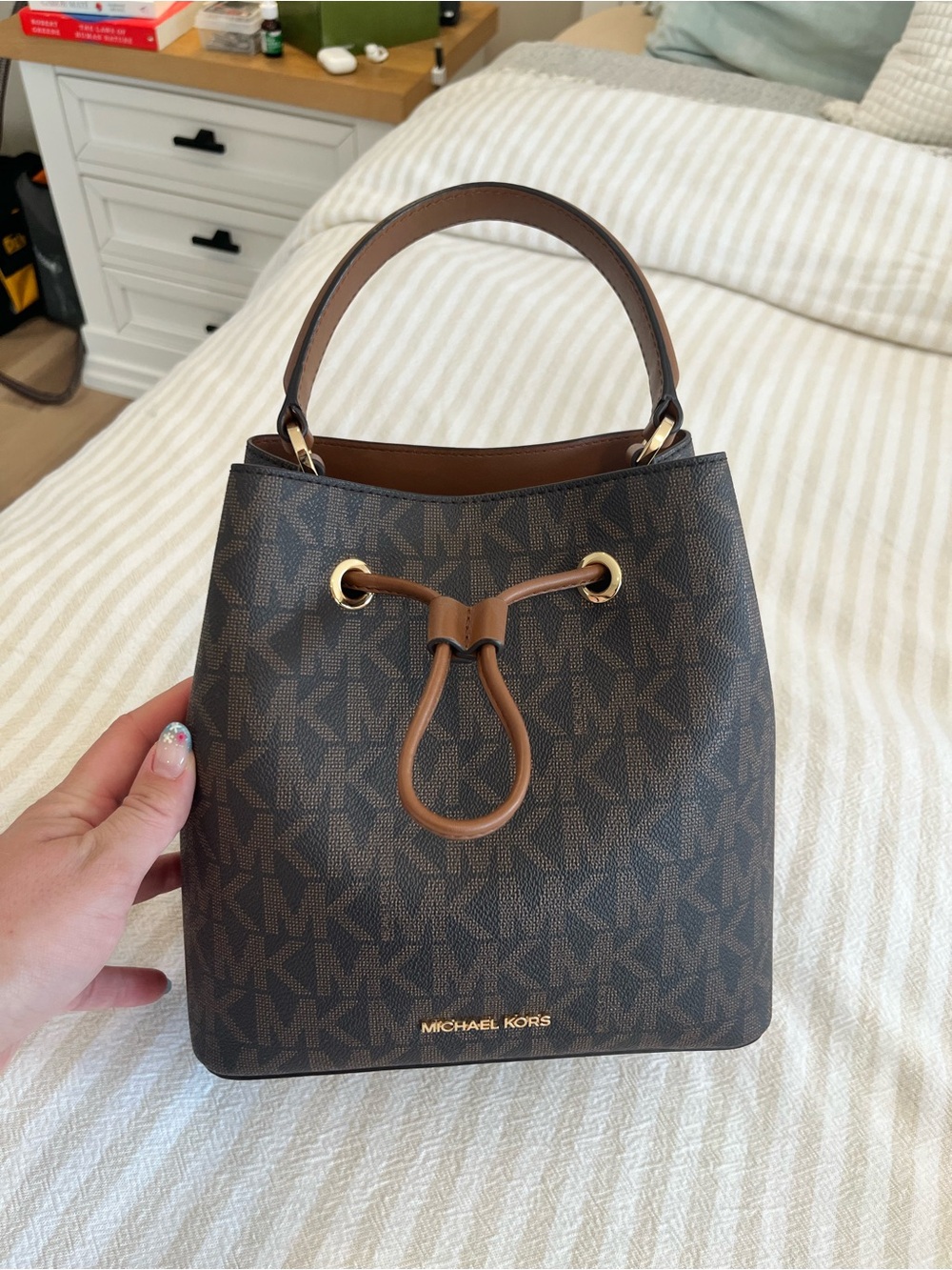 Michael Kors Brown Monogram Drawstring Bucket Bag with Gold Hardware